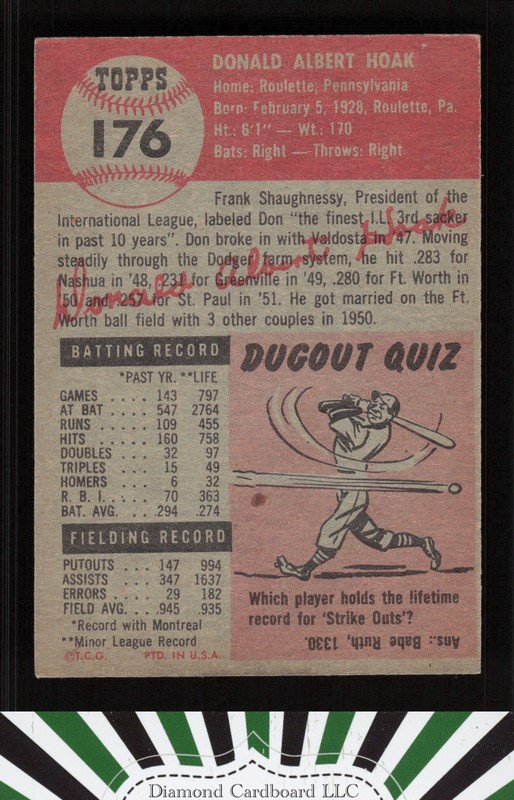 1953 Topps #176 Don Hoak VG b, back