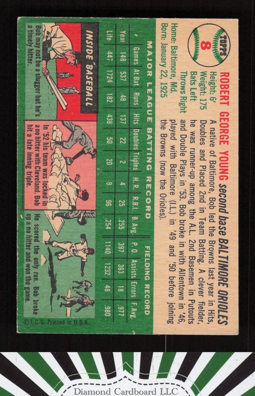 1954 Topps #8 Bobby Young VGEX d, back