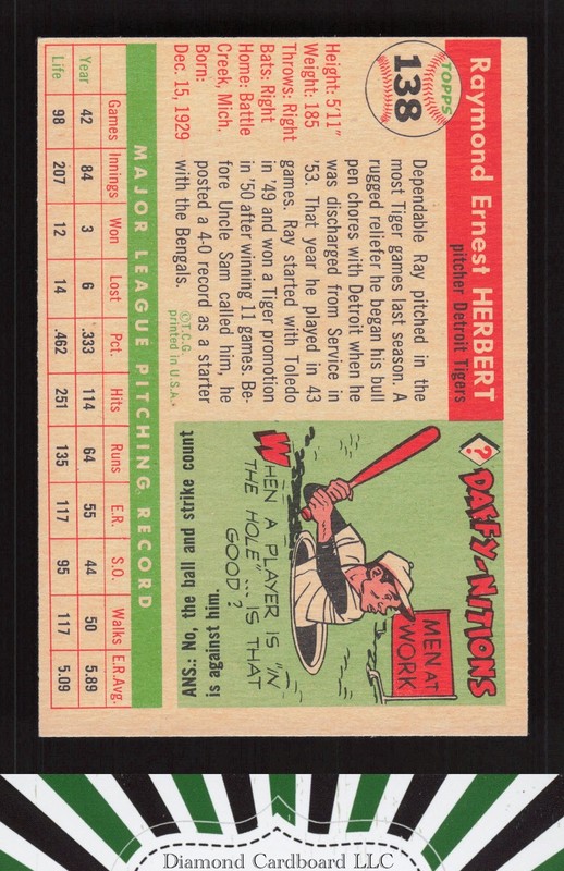 1955 Topps #138 Ray Herbert VGEX+ f, back