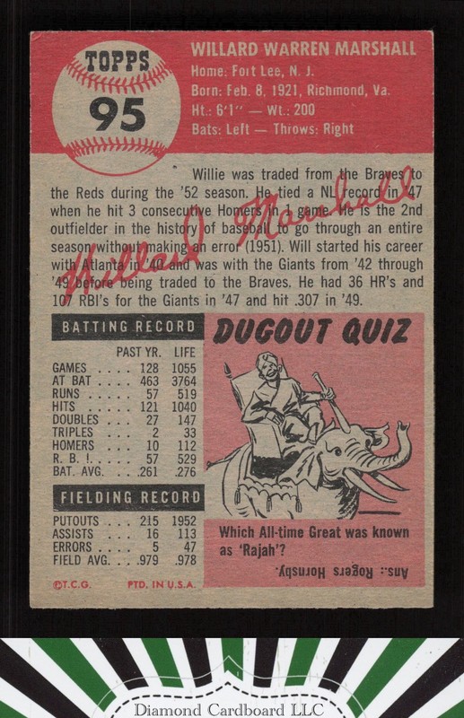 1953 Topps #95 Willard Marshall : Bio uses white text VGEX d, back