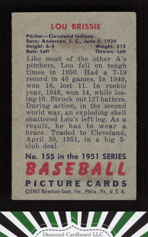 1951 Bowman #155 Lou Brissie VG+, back
