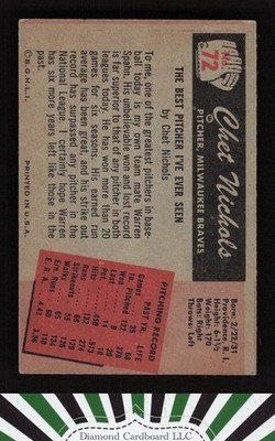 1955 Bowman #72 Chet Nichols GD, back
