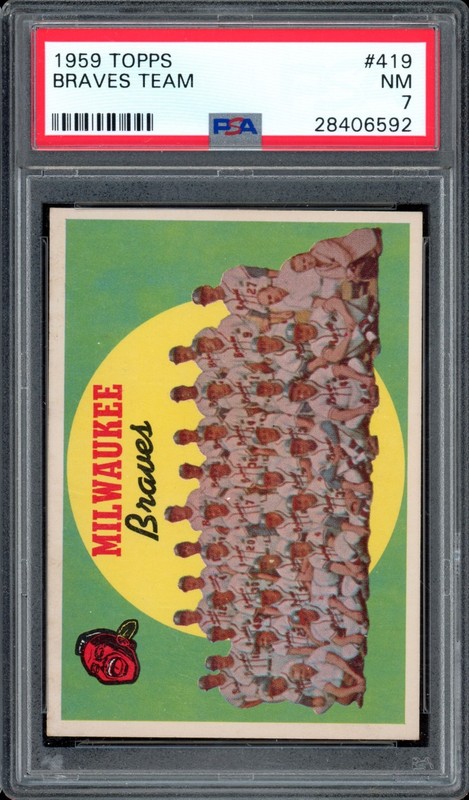 1959 Topps #419 Braves Team Card / Fifth Series Checklist PSA 7, front