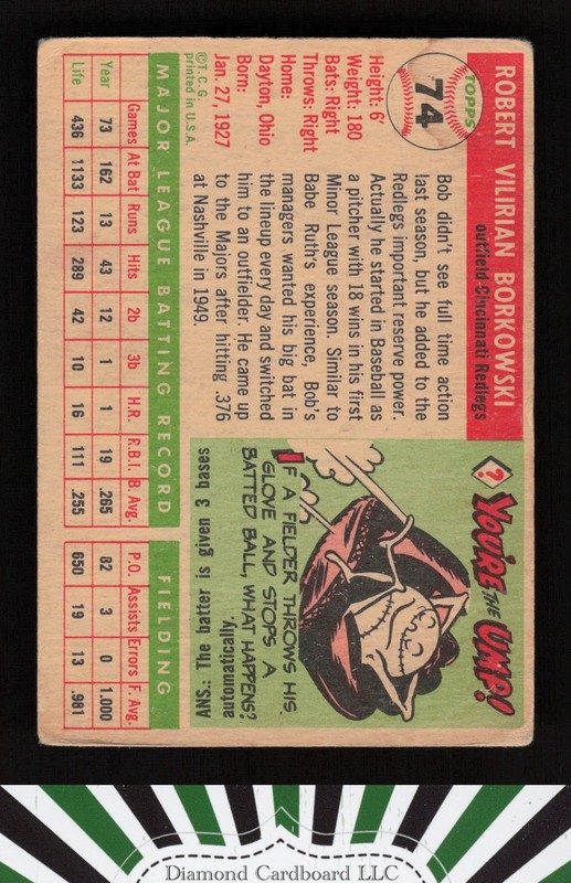 1955 Topps #74 Bob Borkowski GD a, back