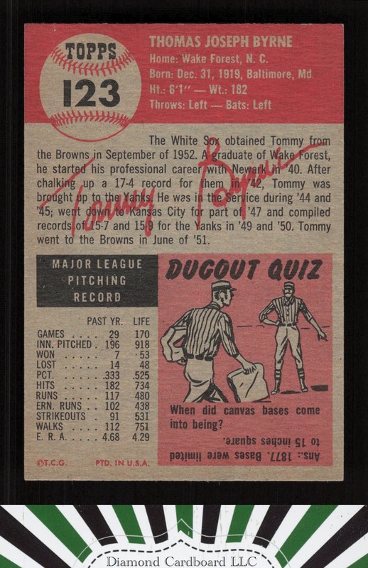 1953 Topps #123 Tommy Byrne : Bio uses white text EXMT h, back