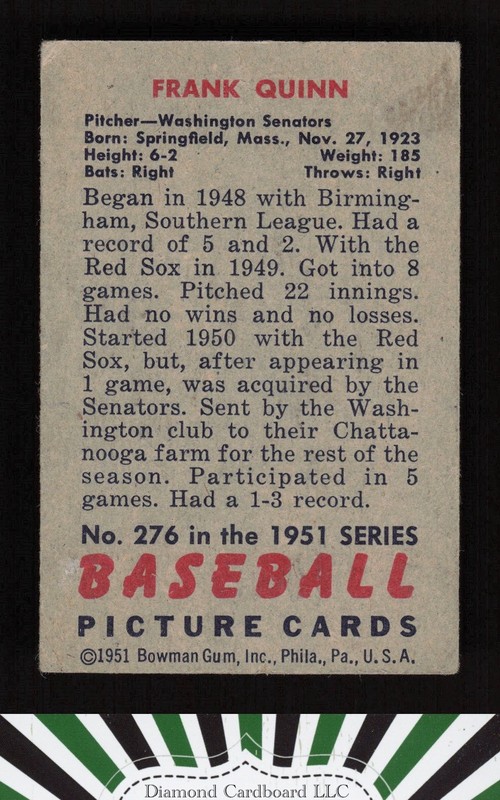 1951 Bowman #276 Frank Quinn VG (MISCUT), back