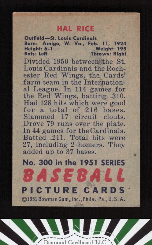 1951 Bowman #300 Hal Rice VGEX, back