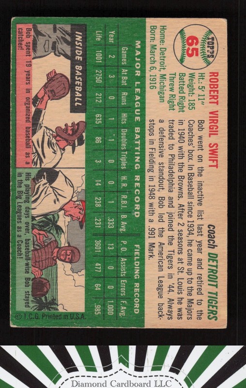 1954 Topps #65 Bob Swift VG+ f, back