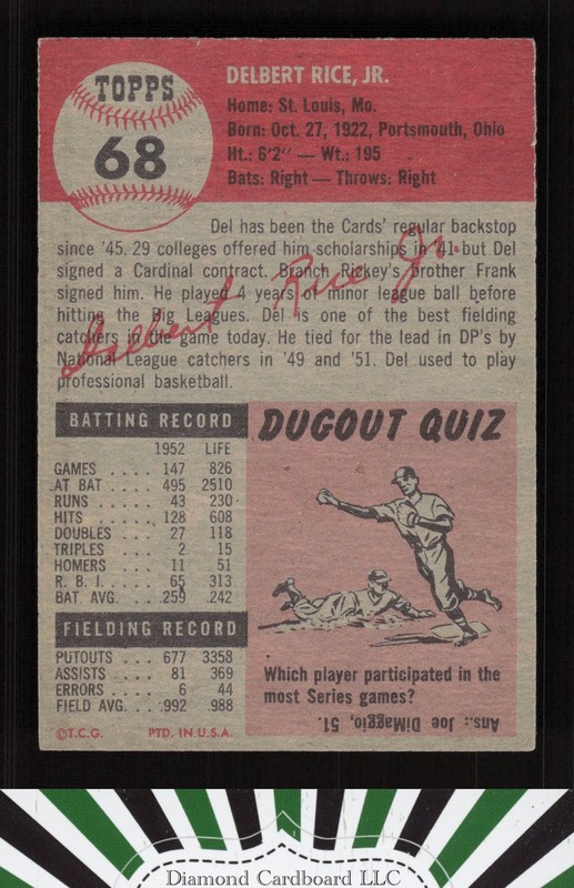 1953 Topps #68 Del Rice EX [NICELY CENTERED] g, back