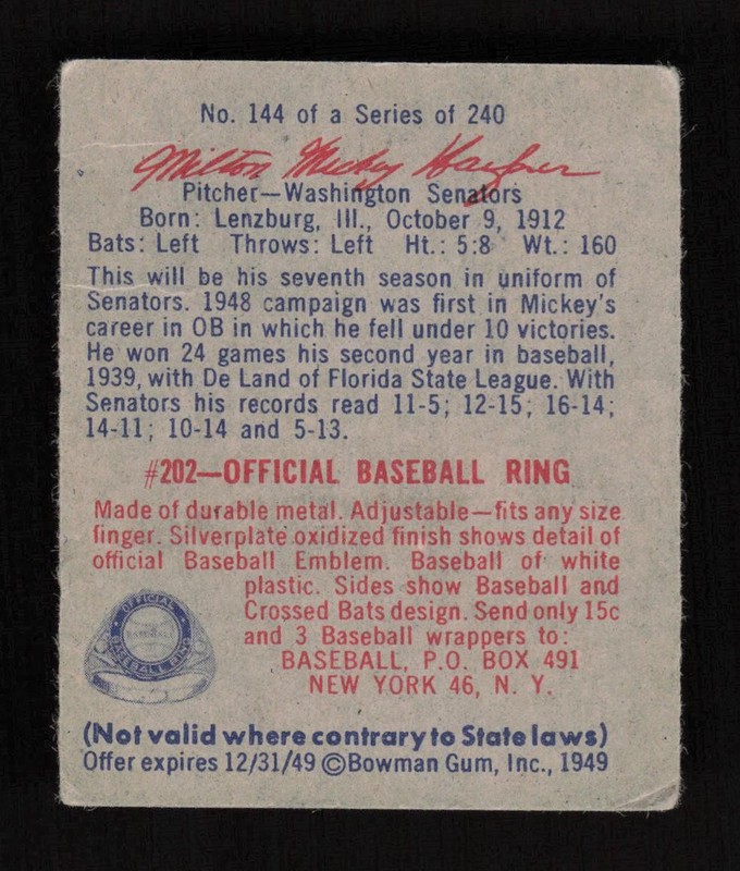 1949 Bowman #144 Milton "Mickey" Haefner GD, back