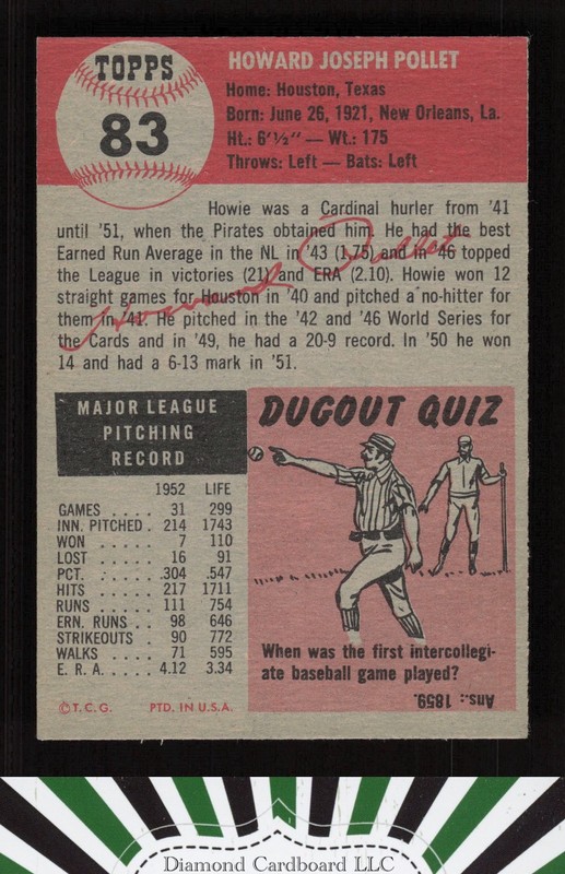 1953 Topps #83 Howie Pollet NM g, back