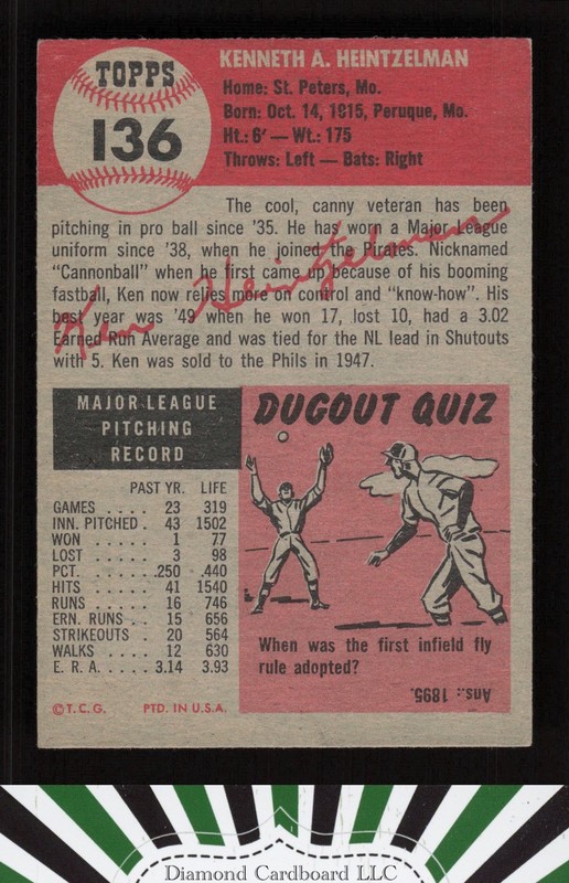 1953 Topps #136 Ken Heintzelman : Bio uses black text VGEX g, back