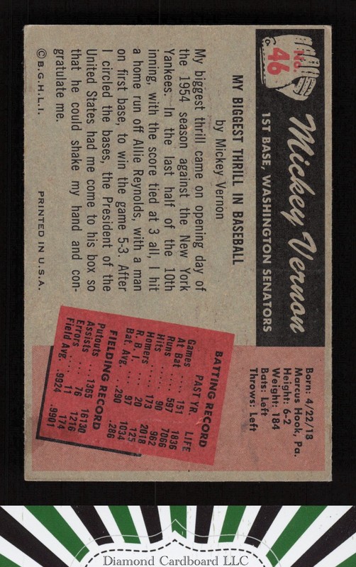 1955 Bowman #46 Mickey Vernon EX, back