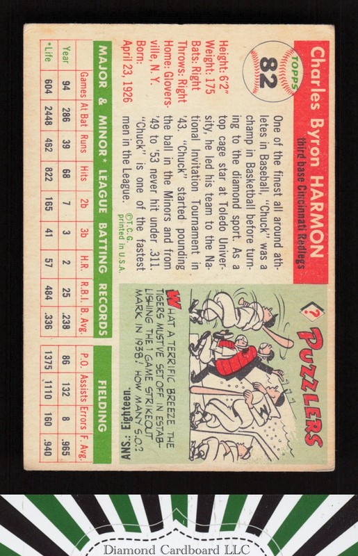 1955 Topps #82 Chuck Harmon VGEX n, back