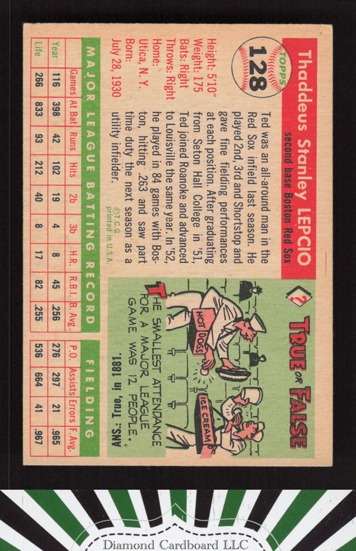1955 Topps #128 Ted Lepcio VGEX k, back