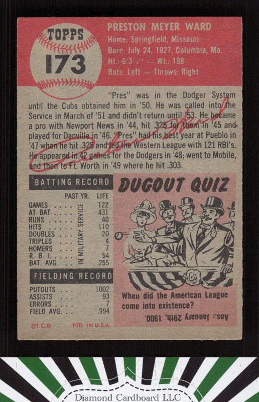 1953 Topps #173 Preston Ward EX i, back