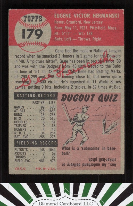 1953 Topps #179 Gene Hermanski GD+ [DEAD CENTERED] c, back