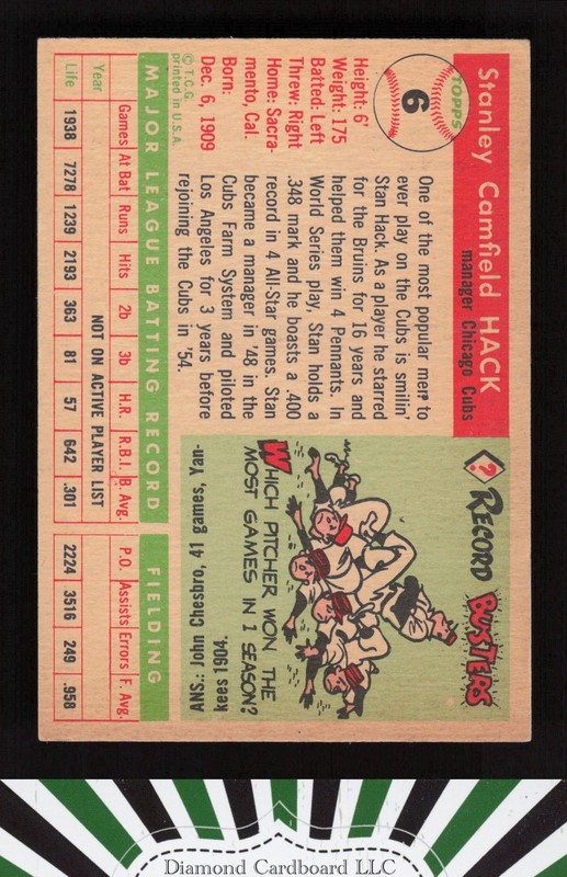 1955 Topps #6 Stan Hack VGEX+ c, back