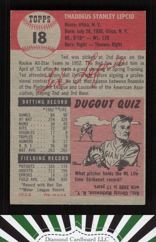 1953 Topps #18 Ted Lepcio VGEX d, back