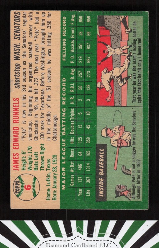 1954 Topps #6 Pete Runnels VGEX f, back