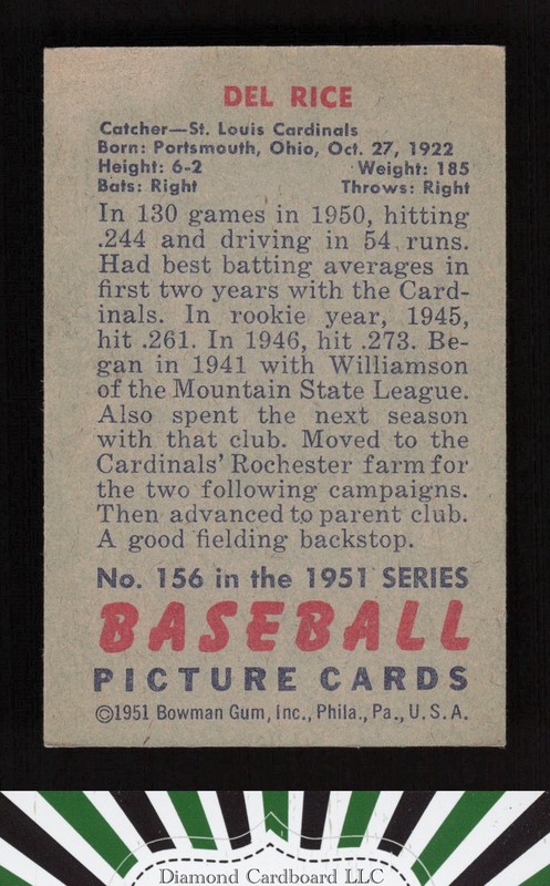 1951 Bowman #156 Del Rice EX, back