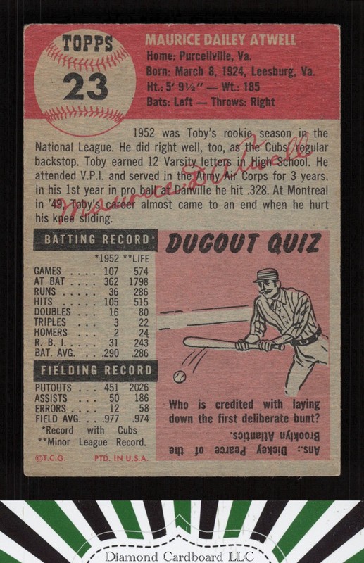 1953 Topps #23 Toby Atwell VG+ f, back