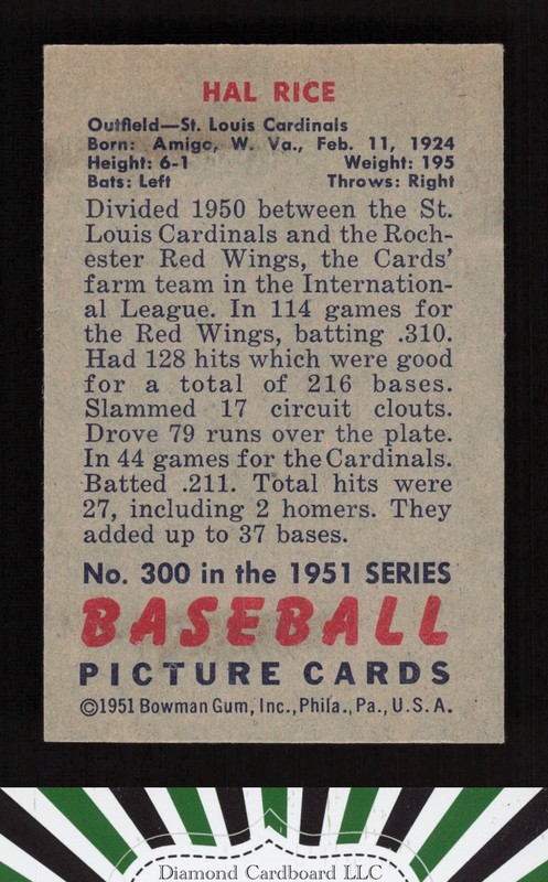 1951 Bowman #300 Hal Rice VGEX, back