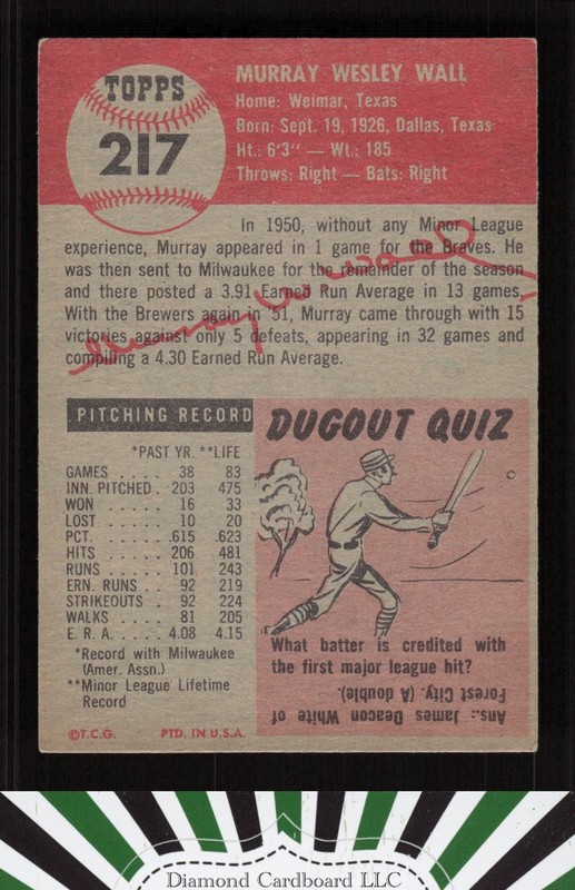 1953 Topps #217 Murray Wall EX i, back