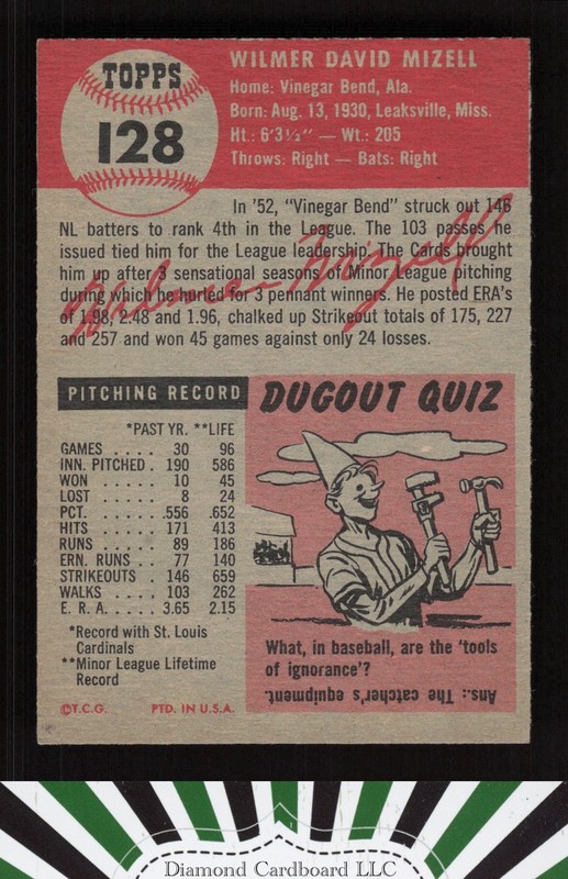 1953 Topps #128 Wilmer Mizell : Bio uses white text EXMT g, back