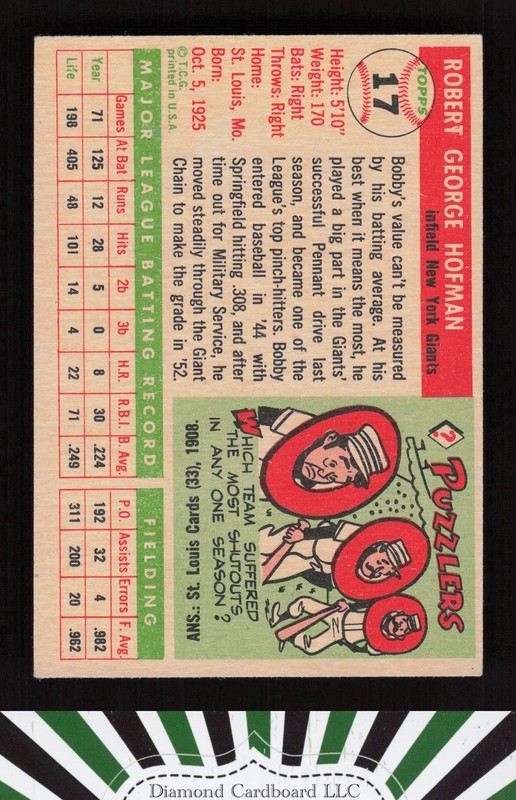 1955 Topps #17 Bobby Hofman VGEX+ f, back