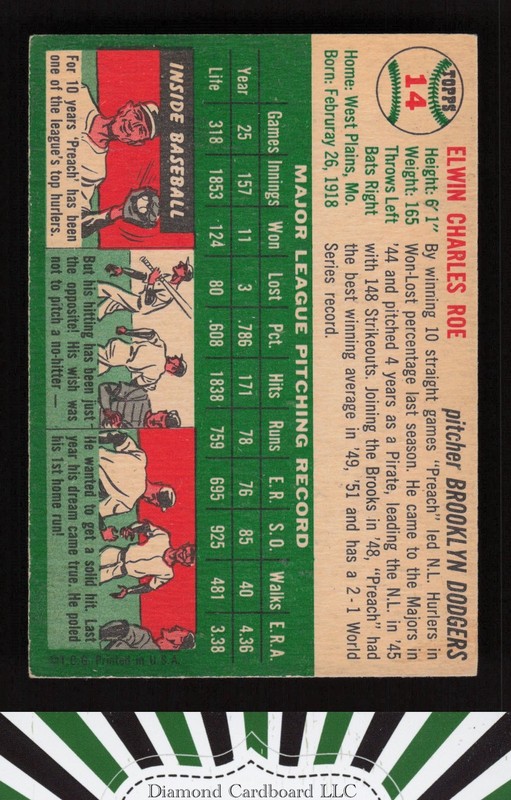 1954 Topps #14 Preacher Roe VGEX+ [NICELY CENTERED] d, back