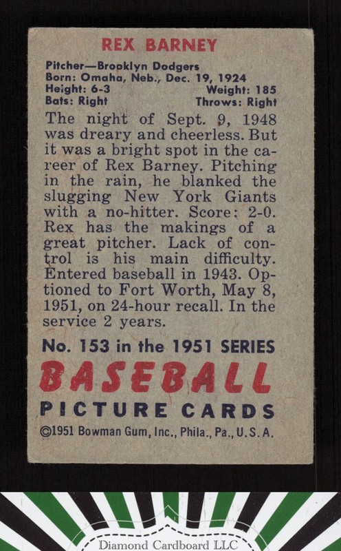 1951 Bowman #153 Rex Barney VGEX, back