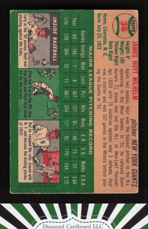 1954 Topps #36 Hoyt Wilhelm VG+ d, back