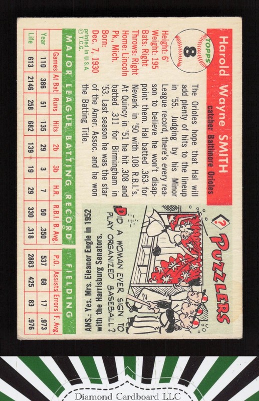 1955 Topps #8 Hal Smith VGEX c, back