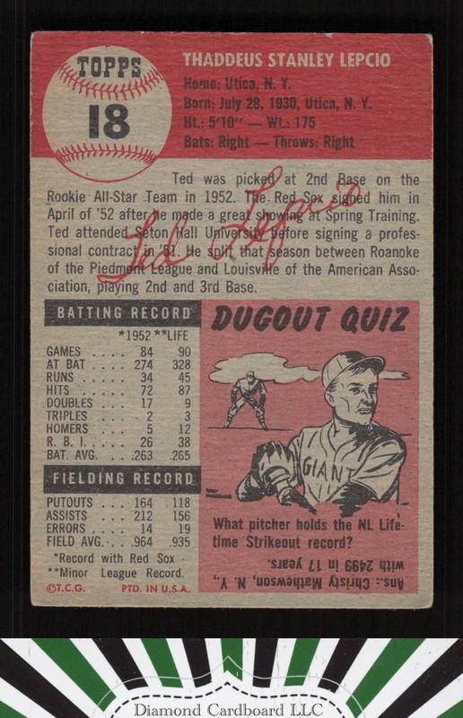 1953 Topps #18 Ted Lepcio VG+ e, back