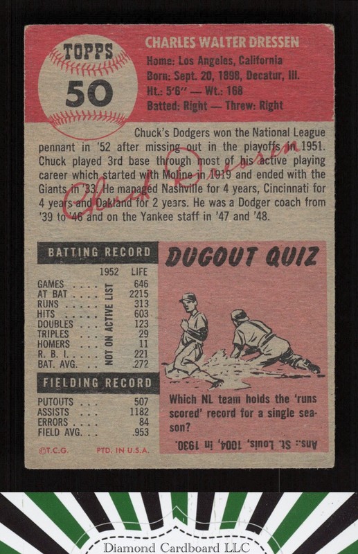 1953 Topps #50 Chuck Dressen PR (front paper loss) a, back
