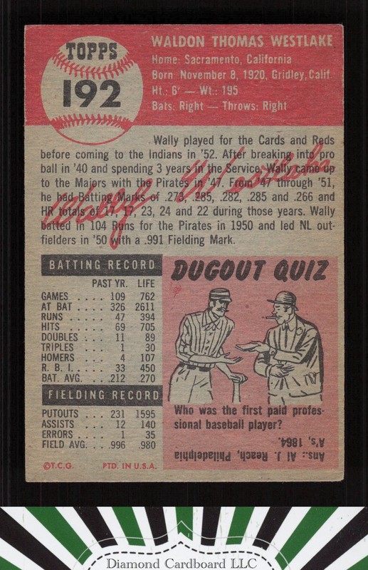 1953 Topps #192 Wally Westlake VGEX+ h, back
