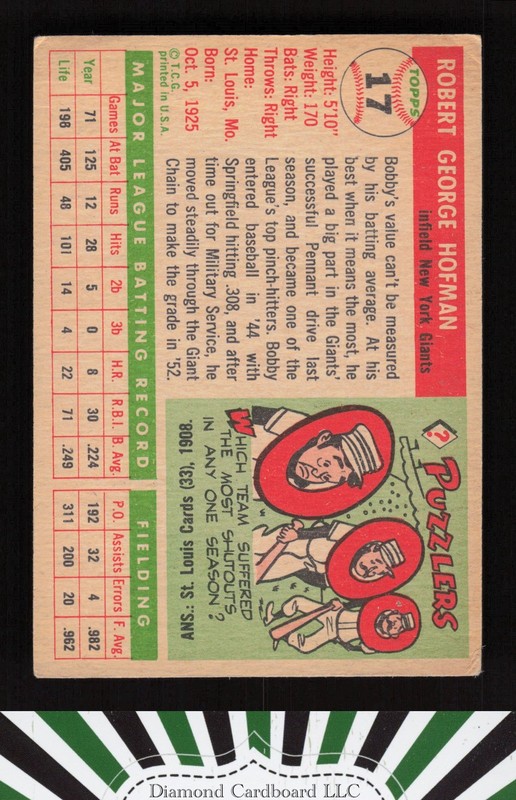 1955 Topps #17 Bobby Hofman VG d, back