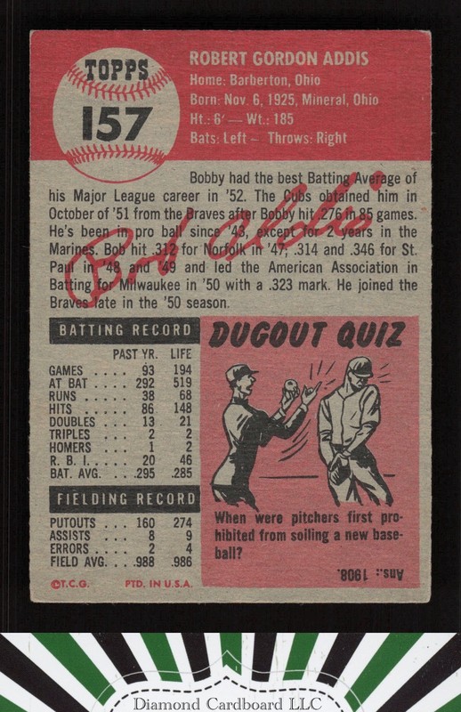 1953 Topps #157 Bob Addis : Bio uses white text VGEX g, back