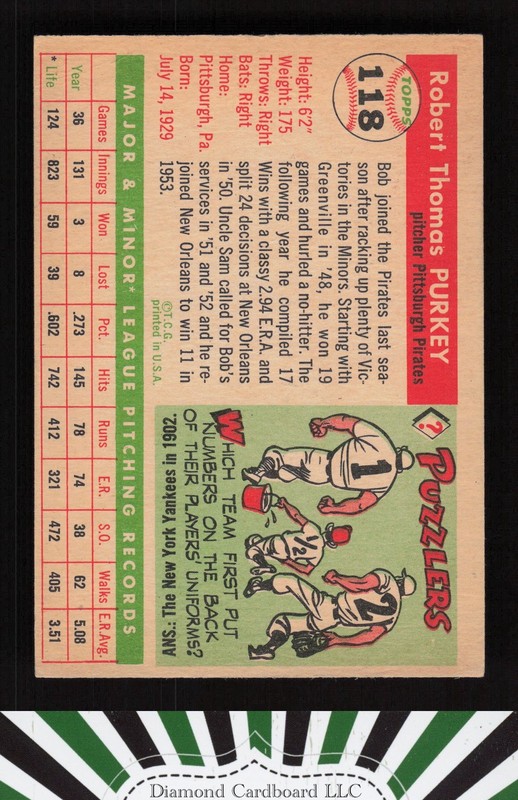 1955 Topps #118 Bob Purkey VGEX m, back