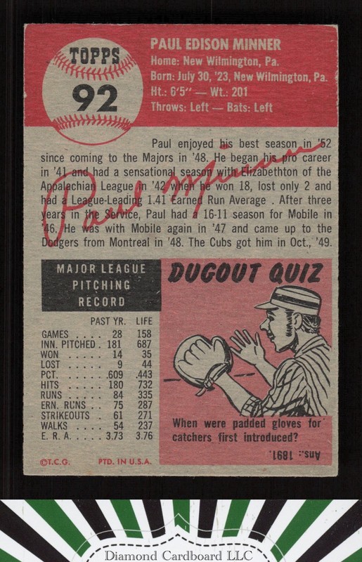 1953 Topps #92 Paul Minner : Bio uses white text VGEX h, back