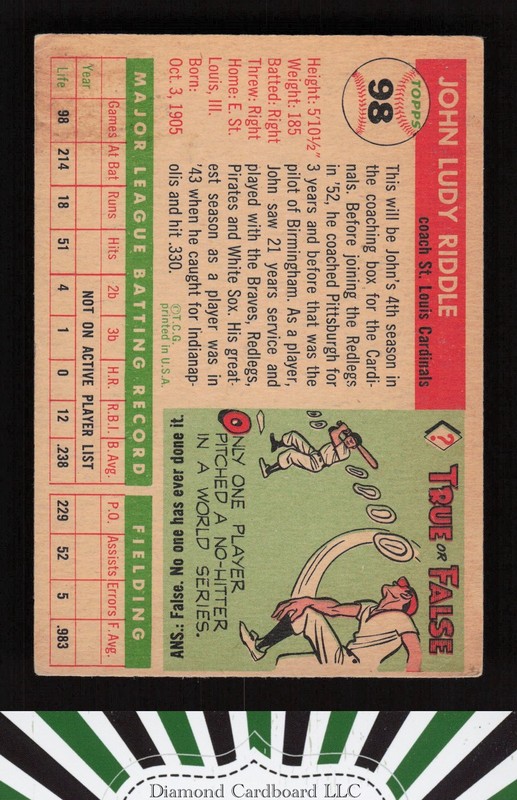 1955 Topps #98 Johnny Riddle VG+ b, back