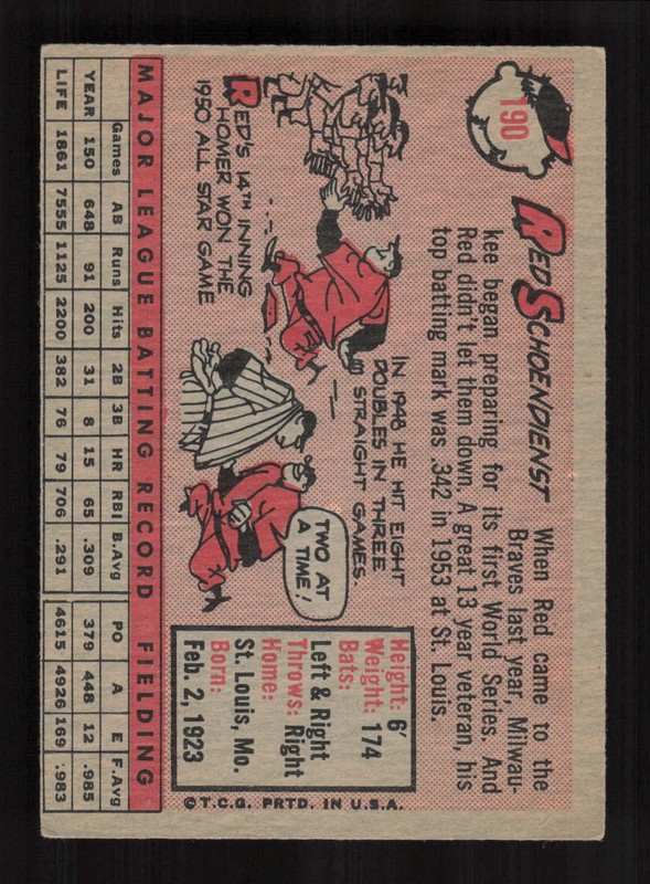 1958 Topps #190 Red Schoendienst VG+ e, back