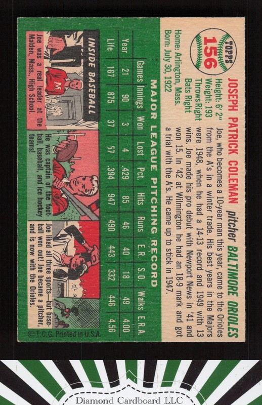 1954 Topps #156 Joe Coleman EX j, back
