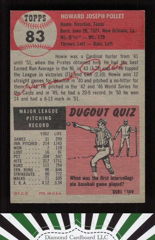 1953 Topps #83 Howie Pollet EX h, back