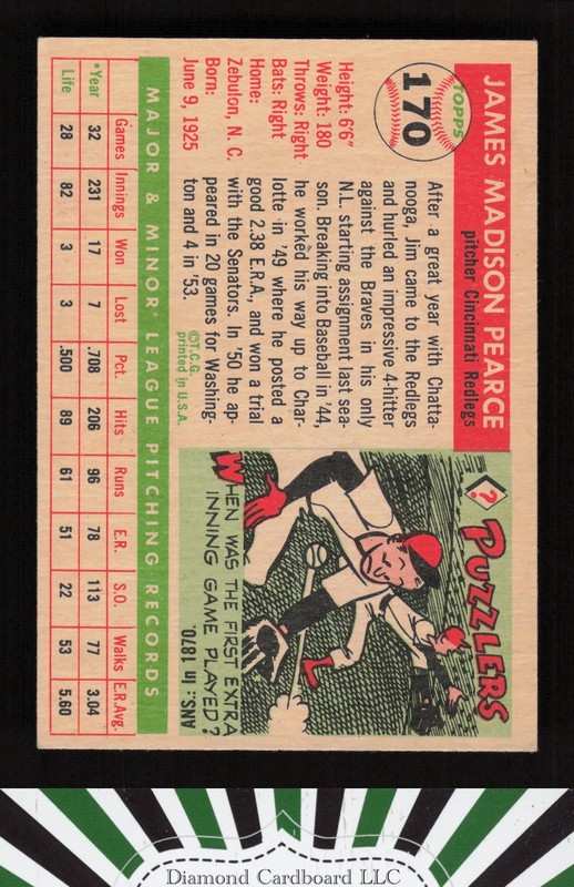 1955 Topps #170 Jim Pearce VGEX d, back