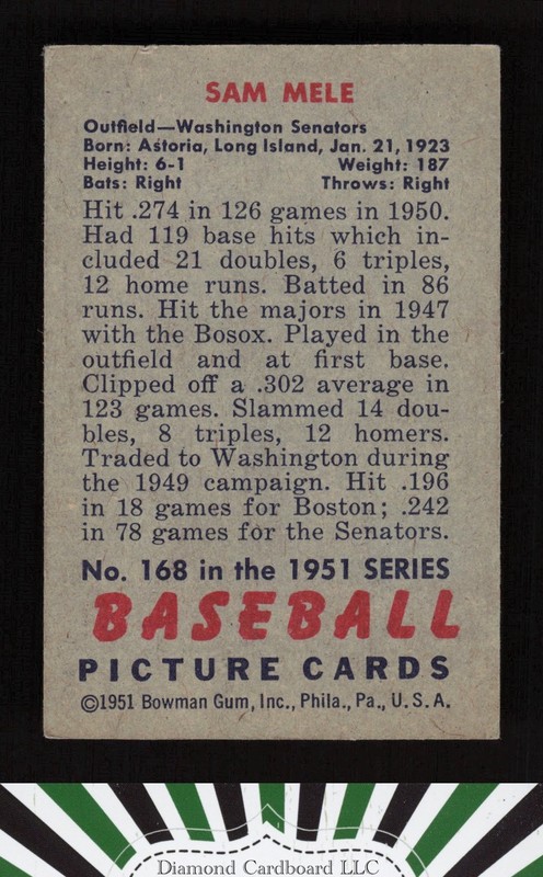 1951 Bowman #168 Sam Mele VGEX, back