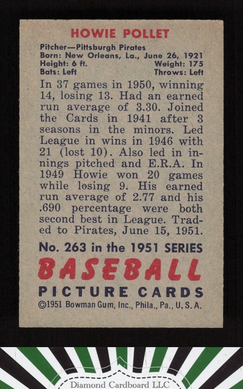 1951 Bowman #263 Howie Pollet EX, back