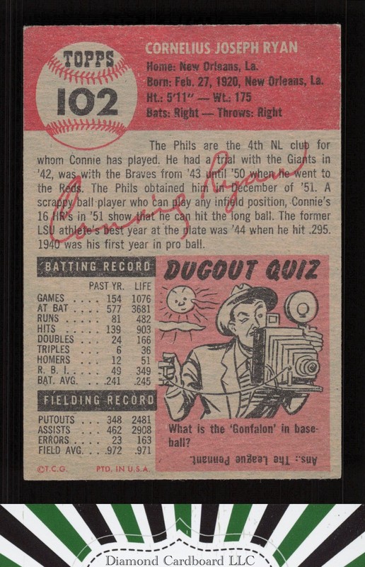 1953 Topps #102 Connie Ryan : Bio uses black text EXMT i, back