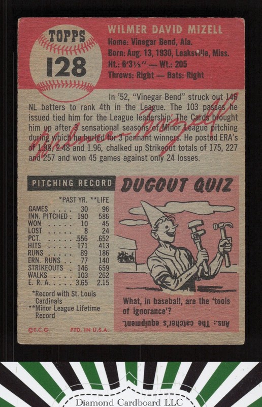 1953 Topps #128 Wilmer Mizell : Bio uses black text GD d, back